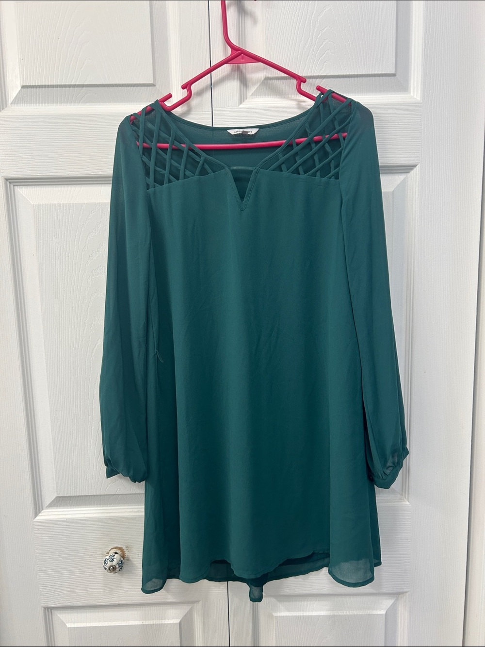 Naked Zebra Teal Lattice-Back Long Sleeve Dress